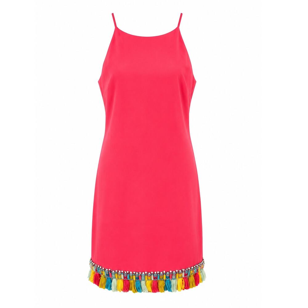 Badgley Mischka Dress 12 Pink Beaded Tassel Hem Spaghetti Strap Cocktail